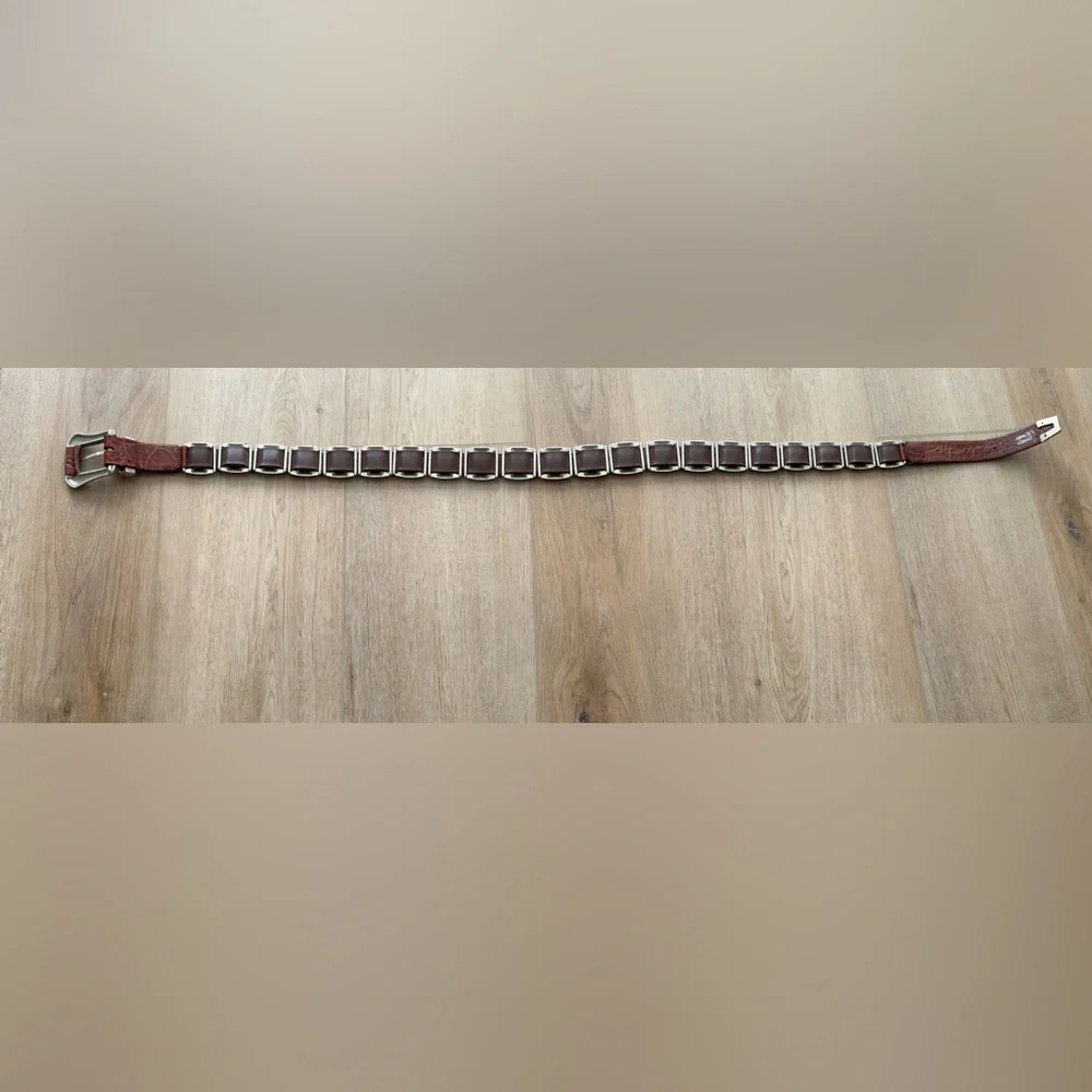 Vintage Leather Brown Unique Heavy Silvertone Embellished Woven Belt
